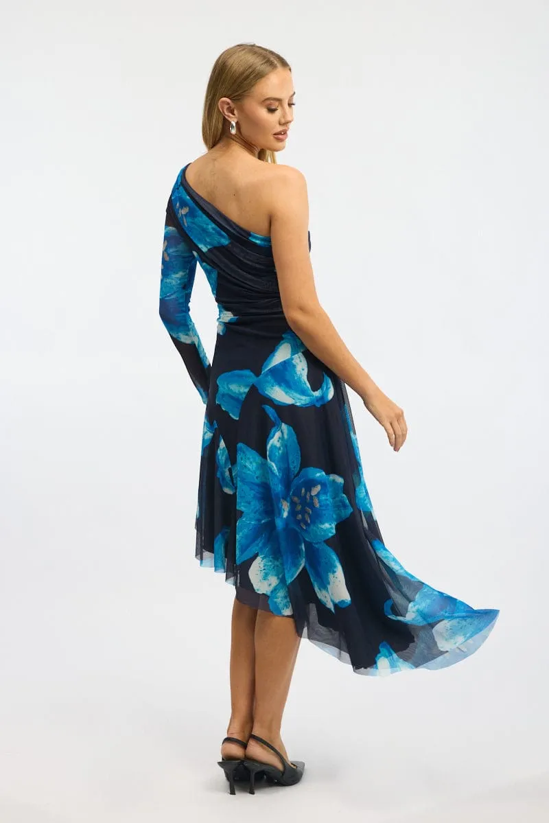 Red Glow Angel Feel Blue Floral One Shoulder Dress Mesh
