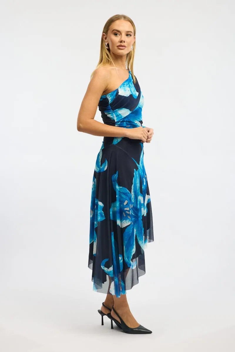Orchard Walk Blue Floral One Shoulder Dress Mesh
