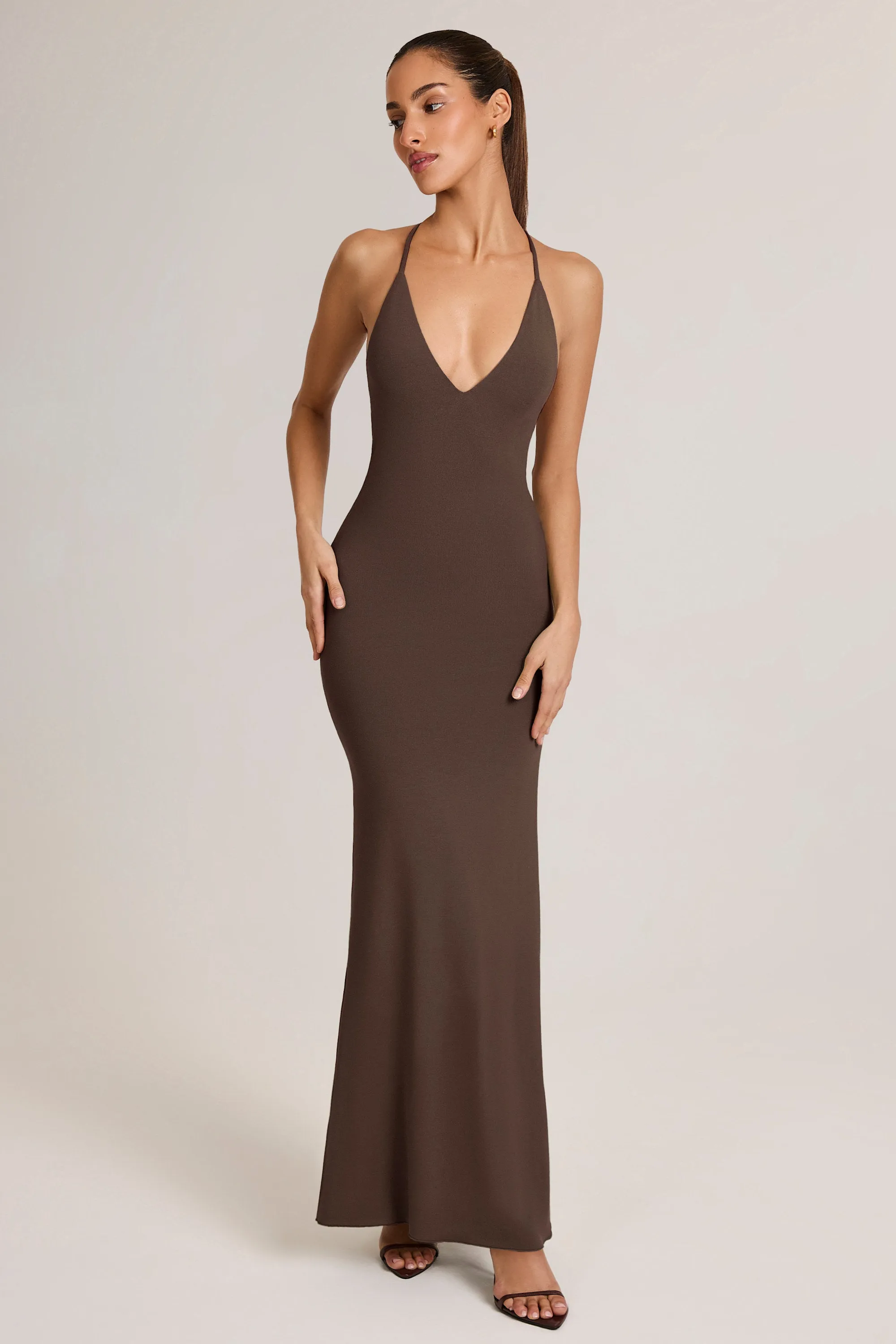 Chic dress for casual outings Modal Plunge Backless Maxi Dress in Chocolate Brown