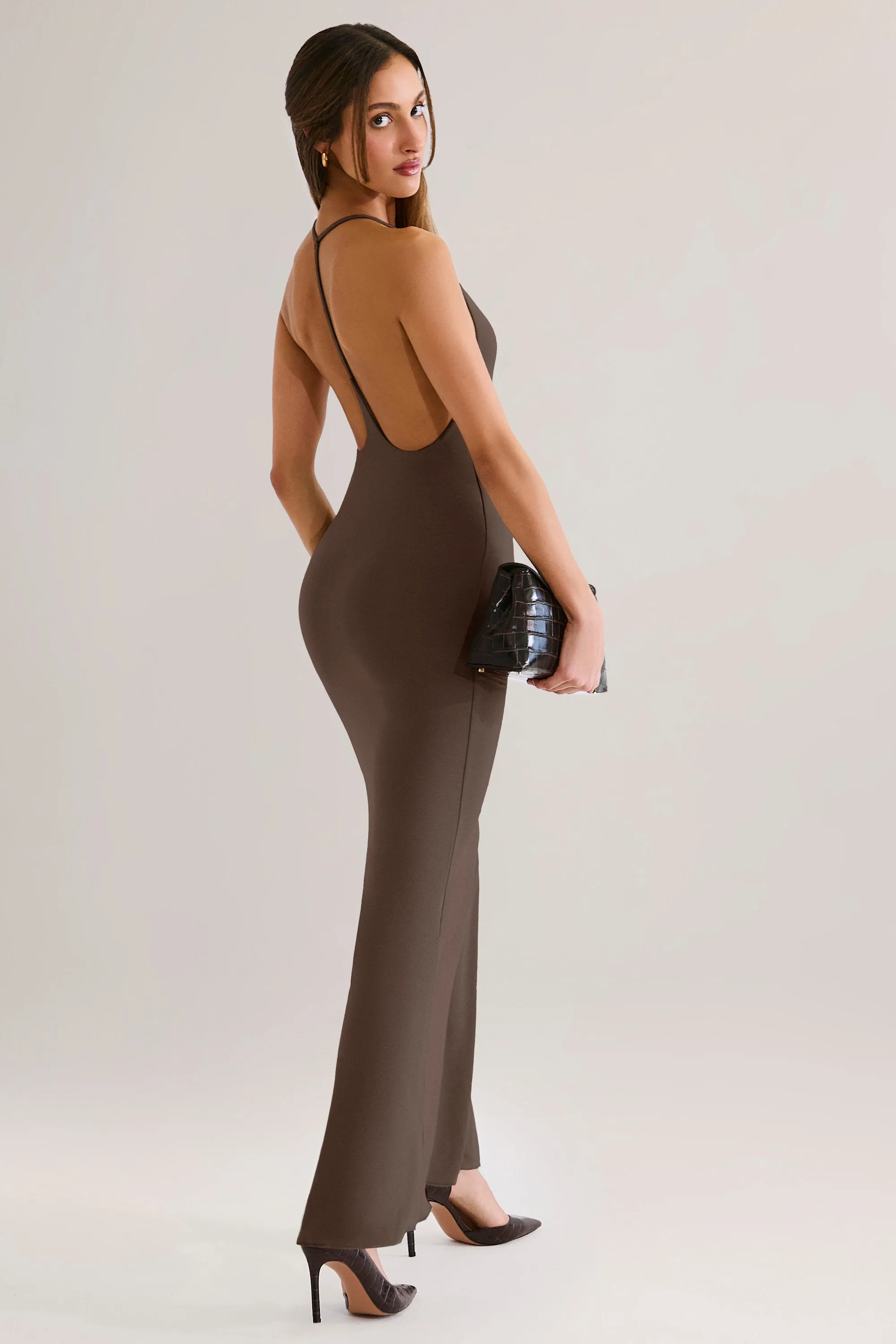 Modal Plunge Backless Maxi Dress in Chocolate Brown Stage Ready Platinum Glow