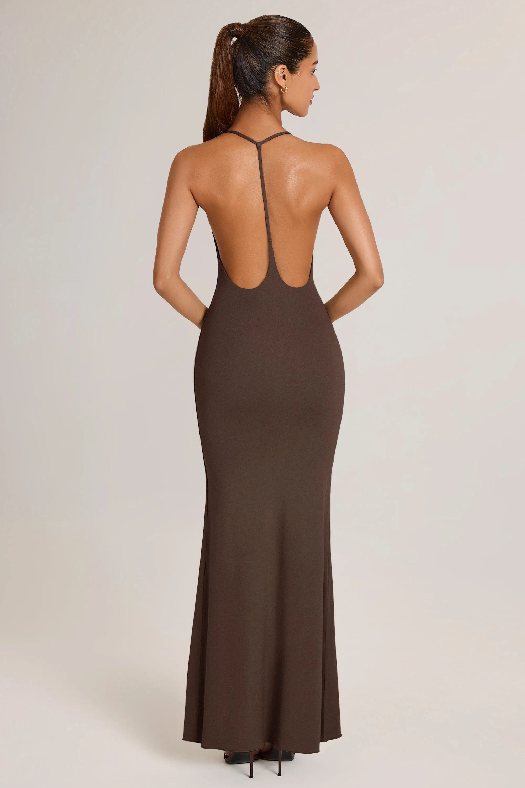 Organza Glow The elegant fit of this dress enhances your figure while providing plenty of comfort Modal Plunge Backless Maxi Dress in Chocolate Brown