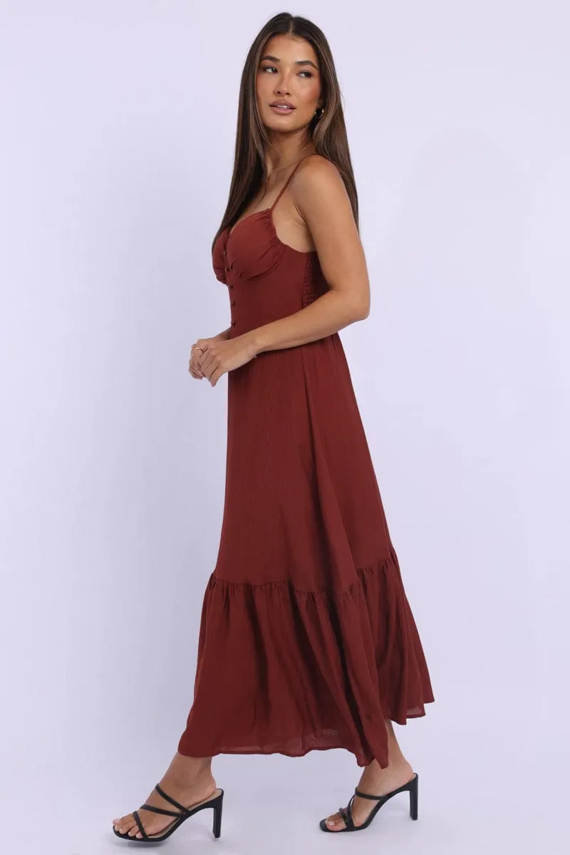Red Maxi Dress Tiered Botanic Scene Feather Soft