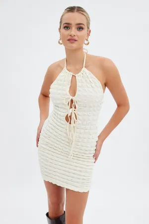 Beige Textured Mini Dress Backless Pop Rush Sheer Glam