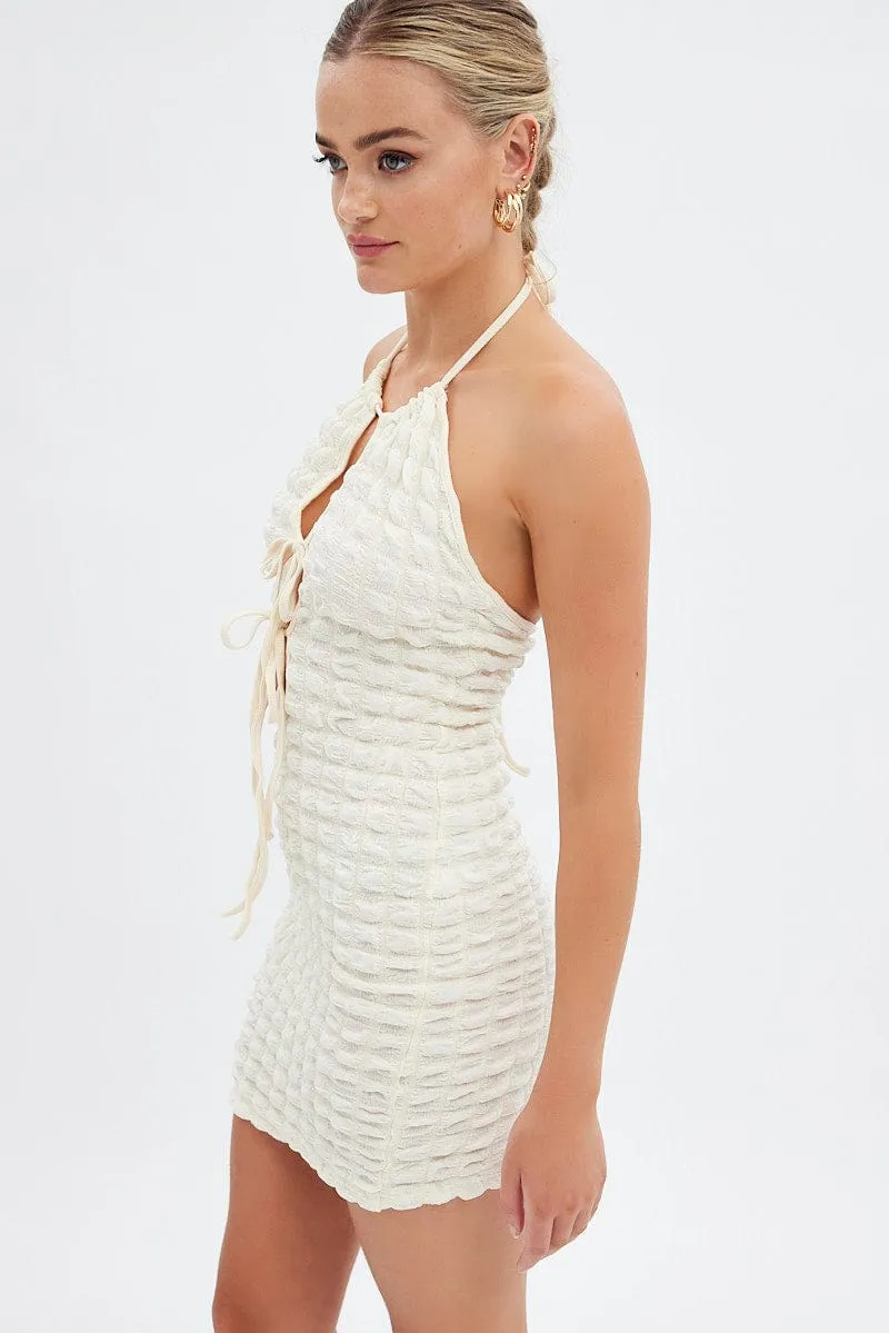 party mode Beige Textured Mini Dress Backless