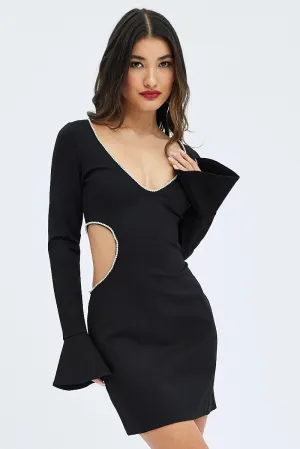 Black Flared Sleeve Cut Out Diamante Mini Dress Y2K Feel
