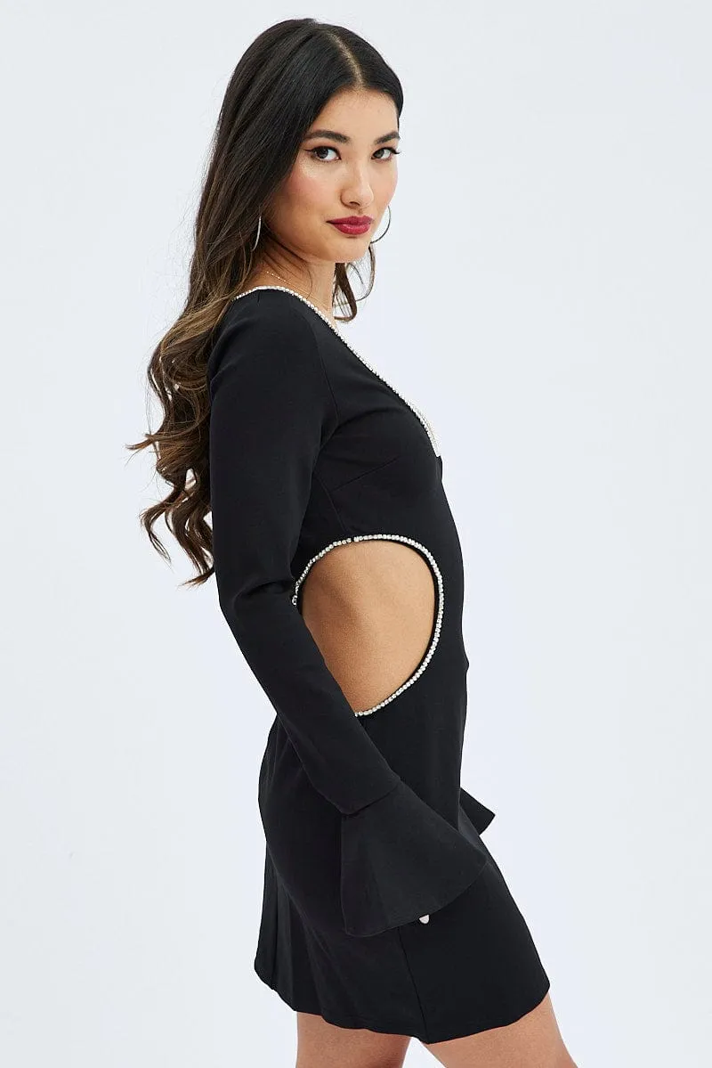 Black Flared Sleeve Cut Out Diamante Mini Dress Charming Design Fashionable above-the-knee gown