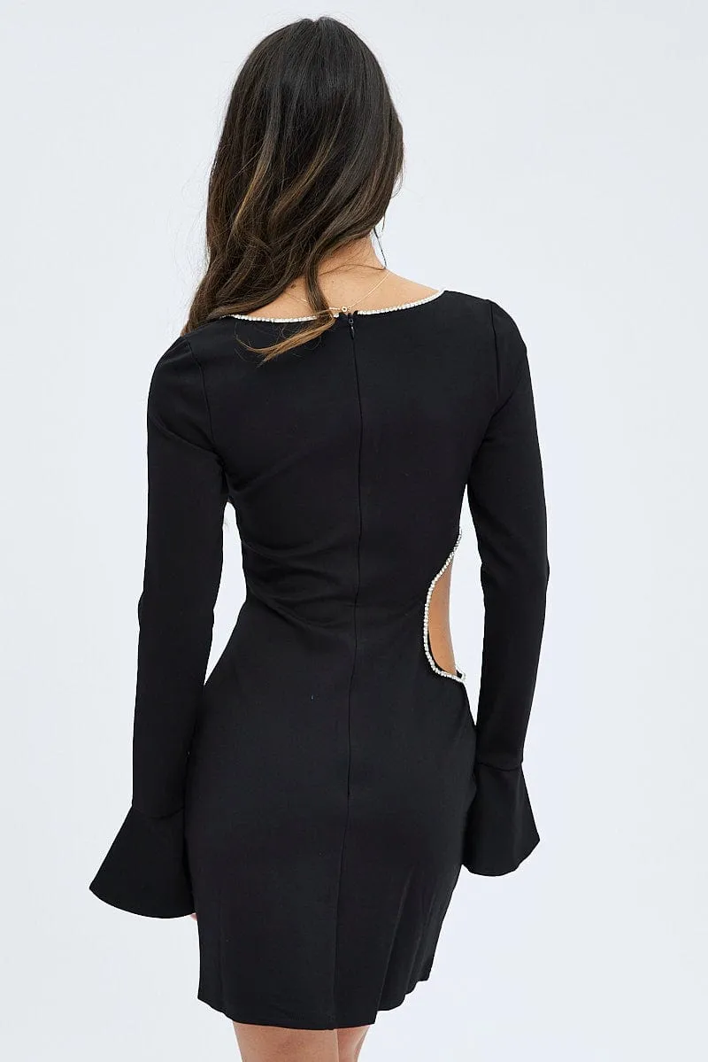 Soft Touch Dress for warm weather Black Flared Sleeve Cut Out Diamante Mini Dress