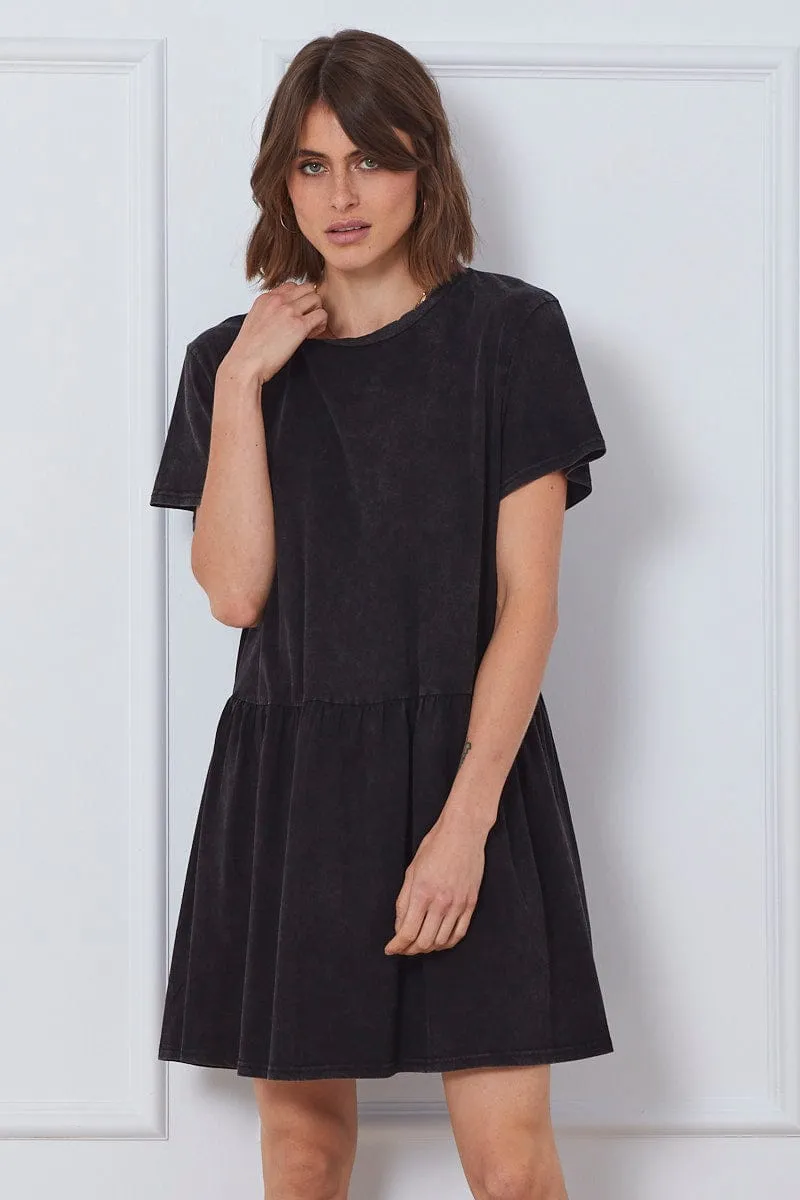 Black Mini Dress Short Sleeve Relaxed-fit mini gown Comfortable fit mini
