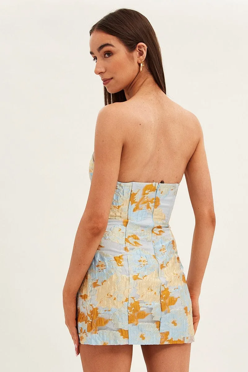 Pose Glow Blue Floral Mini Dress Strapless Bodycon
