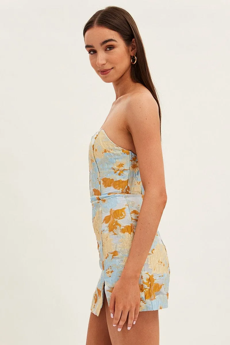 Blue Floral Mini Dress Strapless Bodycon Pop Soft Breathable fabric