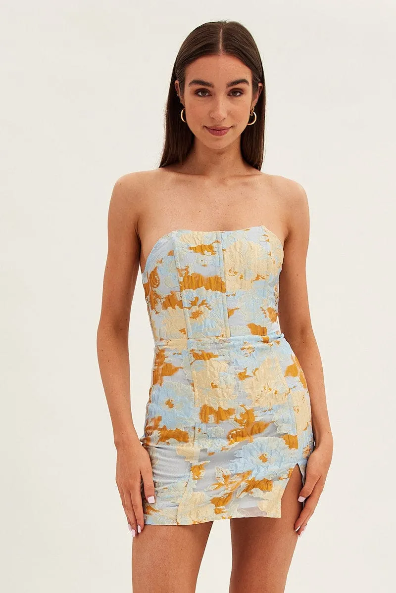 Breathable Lining Scene Soft Blue Floral Mini Dress Strapless Bodycon