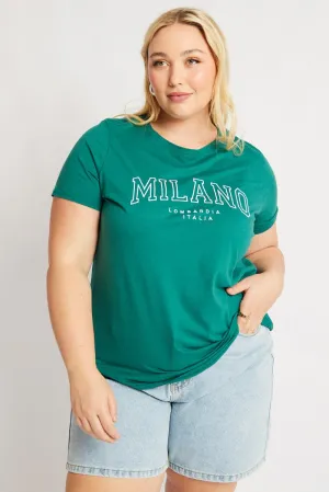 Green Graphic Tee Short Sleeve Crew Neck FlexibleCollarOptions Bohemian