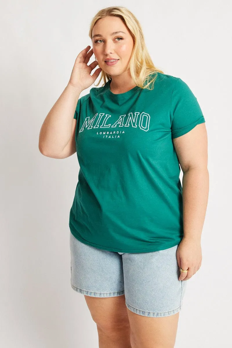 Weekend Trend SeamlessConstruction Green Graphic Tee Short Sleeve Crew Neck