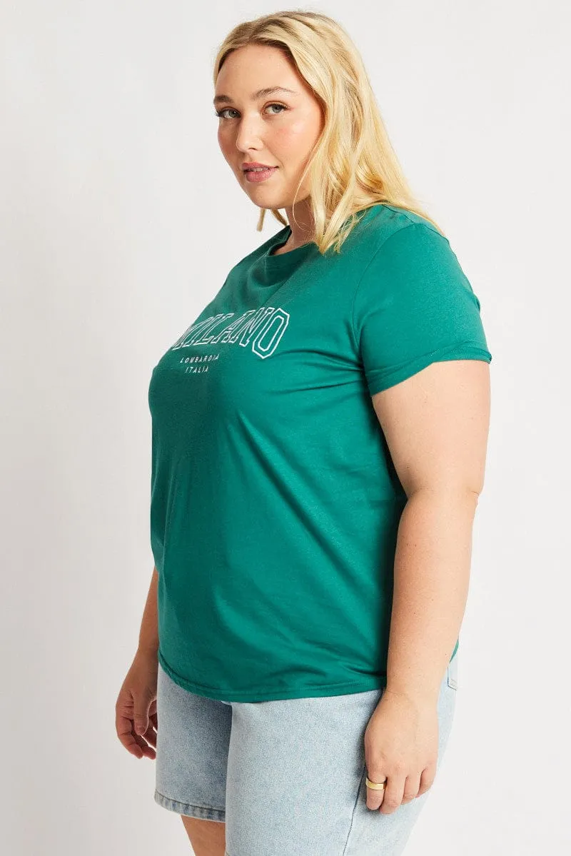 Seasonal Comfort Style Green Graphic Tee Short Sleeve Crew Neck