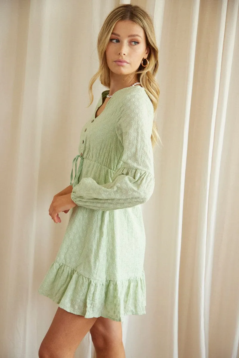 All Occasion Wear Cozy Fit Green Mini Dress Long Sleeve