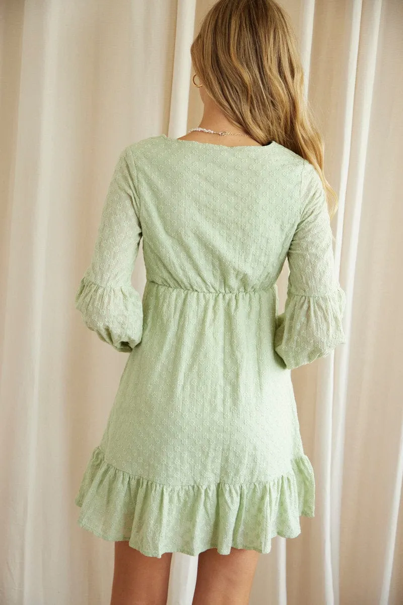 Floral Pattern Floral Print Green Mini Dress Long Sleeve