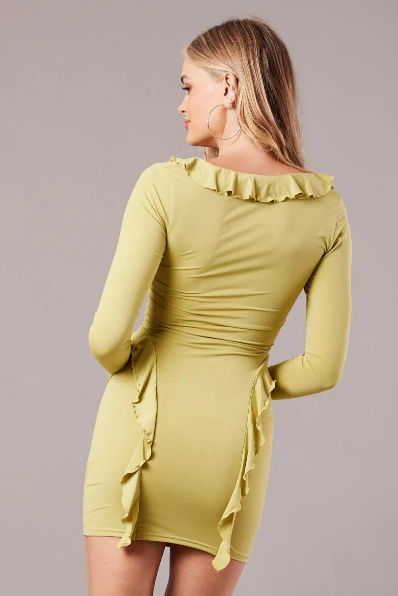 Green Ruffle Mini Dress Bell Cuff Bodycon Dress Vibrant Silhouette City Chic