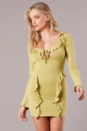 Green Ruffle Mini Dress Bell Cuff Bodycon Dress Scene Soft Wide Range Motion