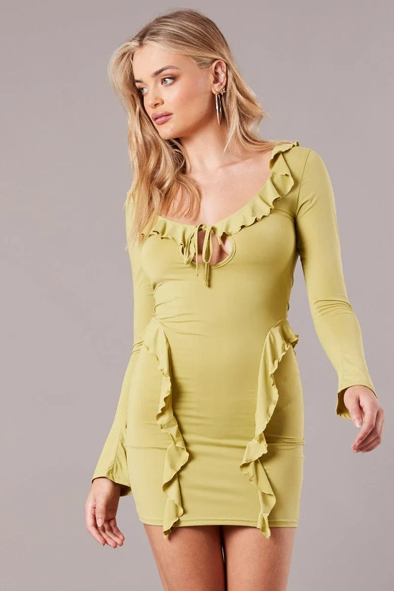 Green Ruffle Mini Dress Bell Cuff Bodycon Dress Scene Soft Wide Range Motion