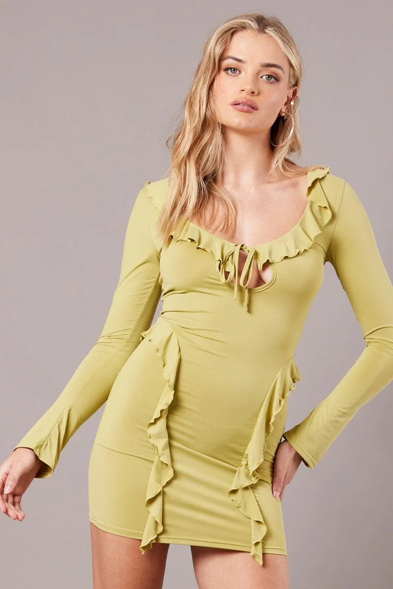 Stage Vibe Green Ruffle Mini Dress Bell Cuff Bodycon Dress
