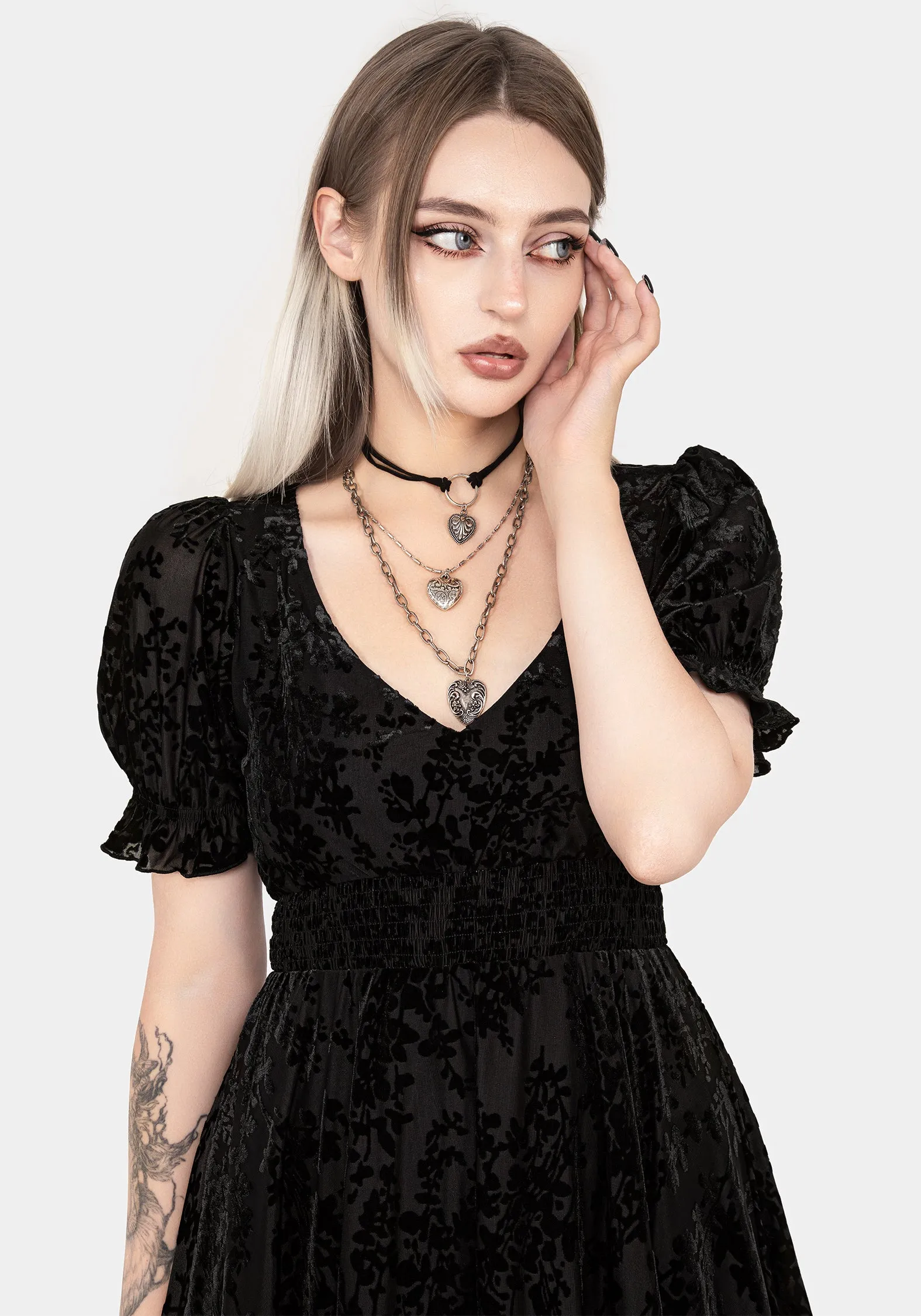 Lilias Devor?? Velour Mesh Tiered Mini Dress Comfort Fit Vibrant Chic Wear
