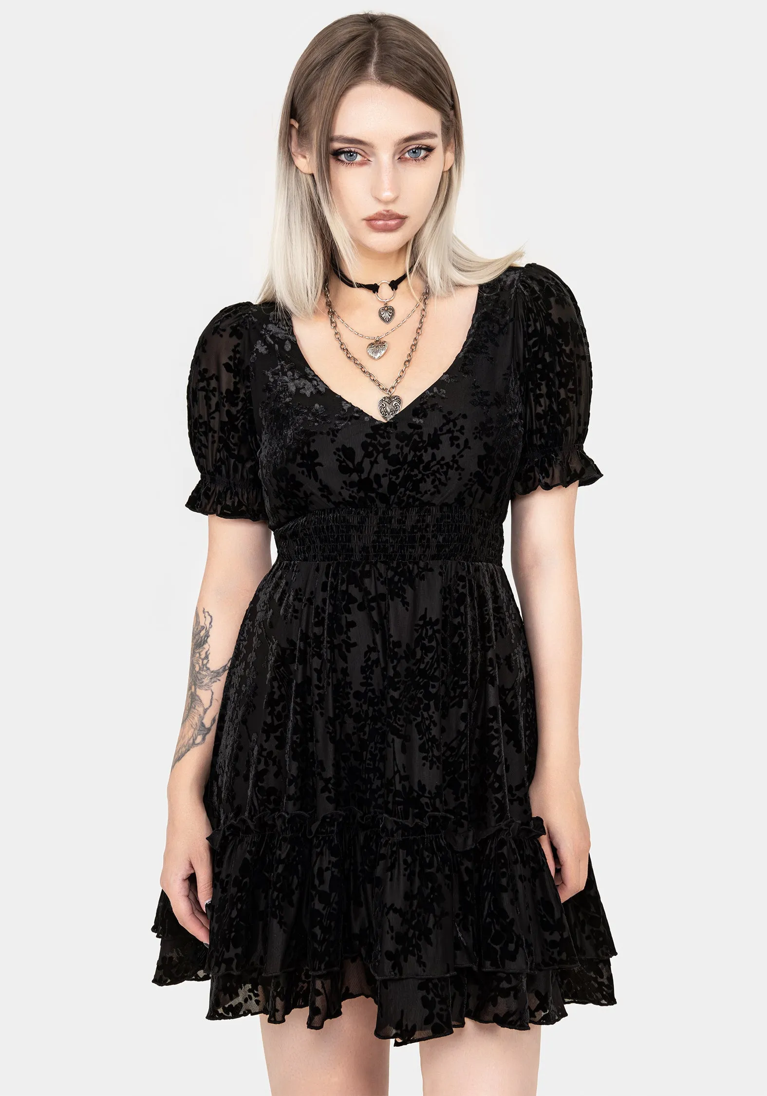 Lilias Devor?? Velour Mesh Tiered Mini Dress Glow Hot