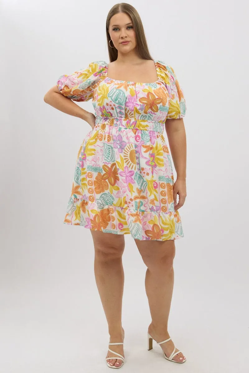 White Abstract Elastic Waist Puff Sleeve Mini Dress Chic Appeal