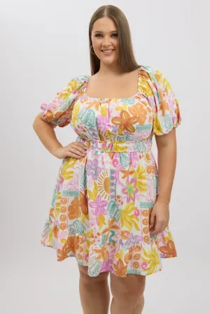 White Abstract Elastic Waist Puff Sleeve Mini Dress Sustainable production Chic Appeal