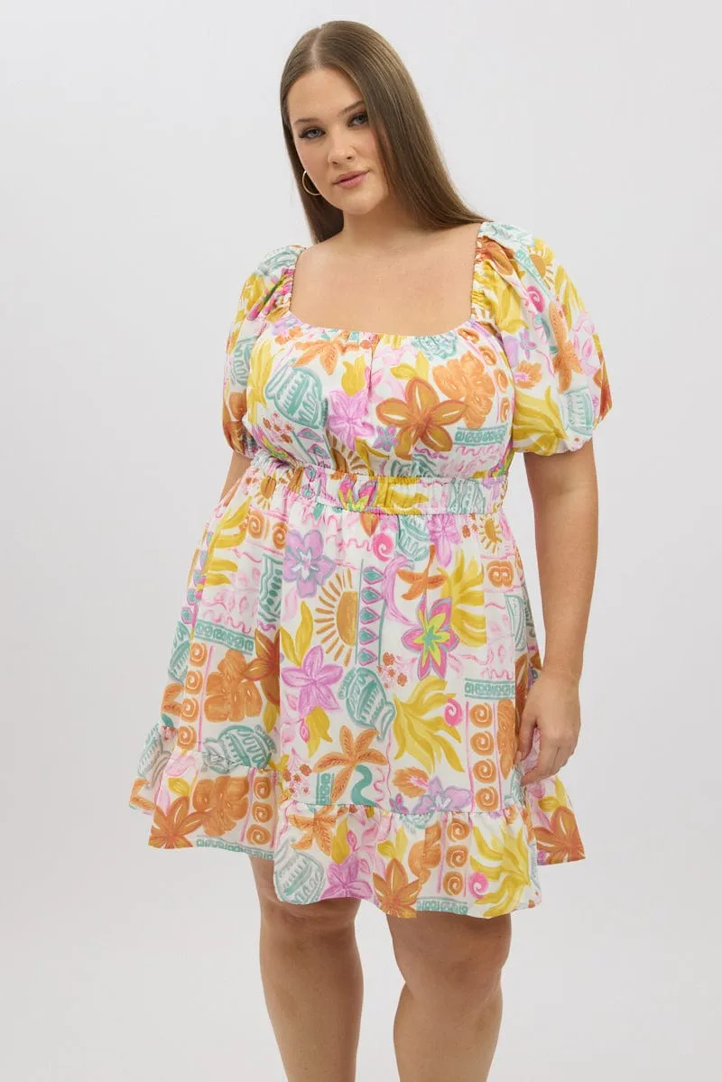 White Abstract Elastic Waist Puff Sleeve Mini Dress Flattering Fit