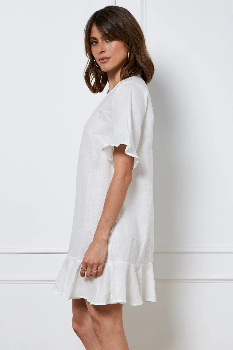 Trend fresh White Mini Dress Short Sleeve Linen