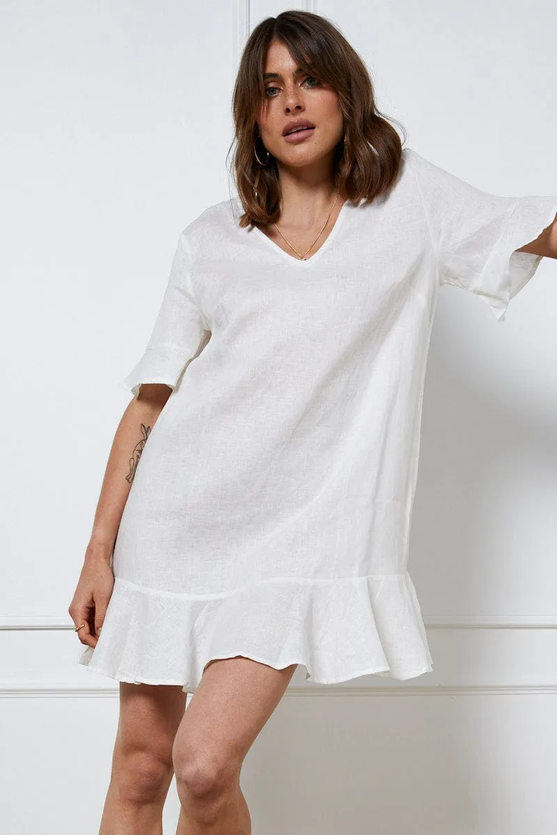 White Mini Dress Short Sleeve Linen Stage Hot