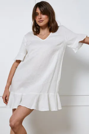 White Mini Dress Short Sleeve Linen Cozy Fit