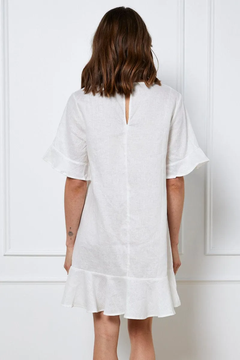 White Mini Dress Short Sleeve Linen Glow Edge Stretch Fabric