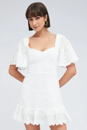 White Mini Dress Wing Sleeve Cotton Lace Casual Design Glow Mood
