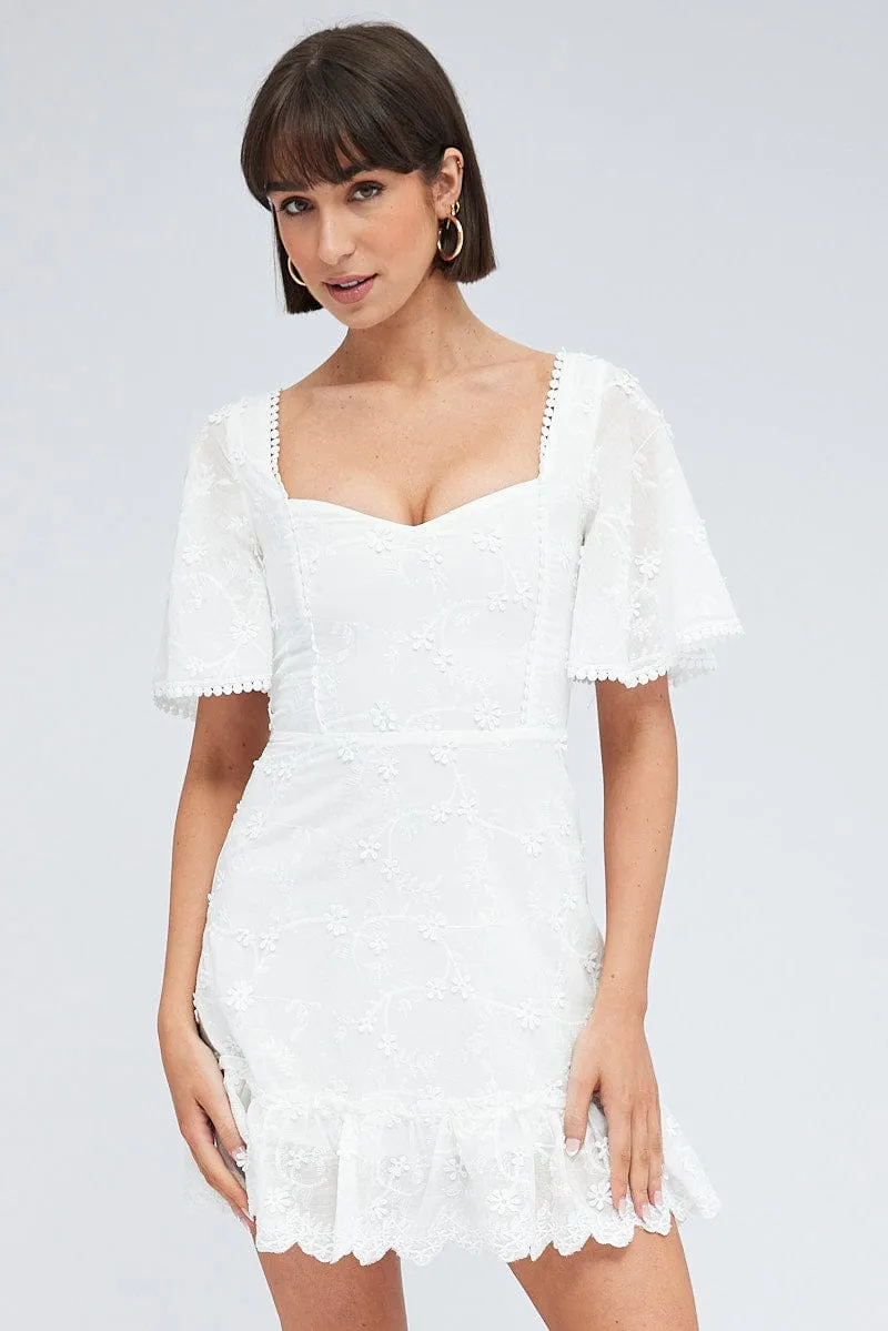 White Mini Dress Wing Sleeve Cotton Lace Full Coverage Back