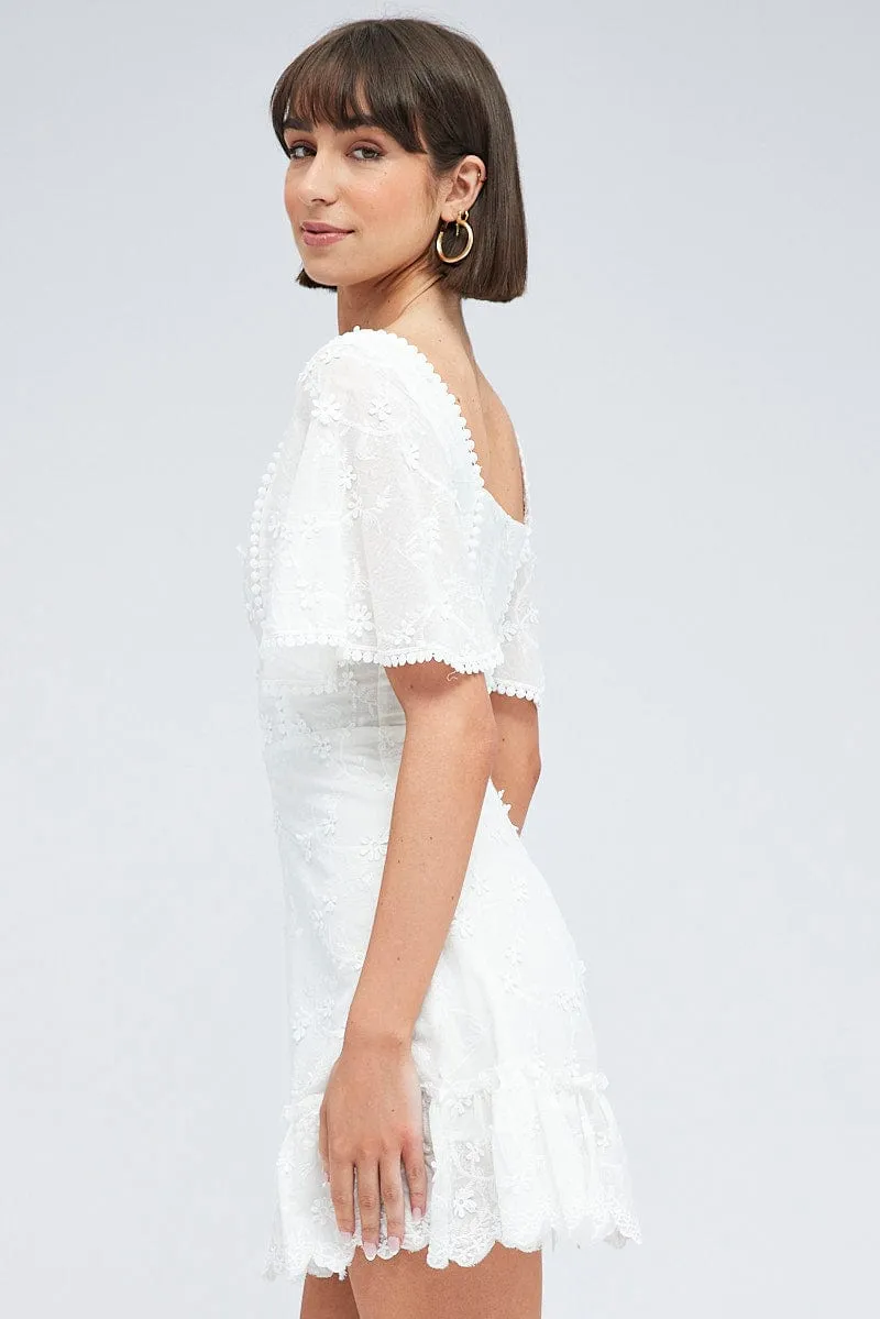 Show Glow White Mini Dress Wing Sleeve Cotton Lace
