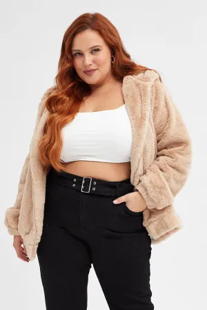 Cozy Hoodie Wear Thermal Lining Camel Faux Fur Hoodie Jacket Zip Front