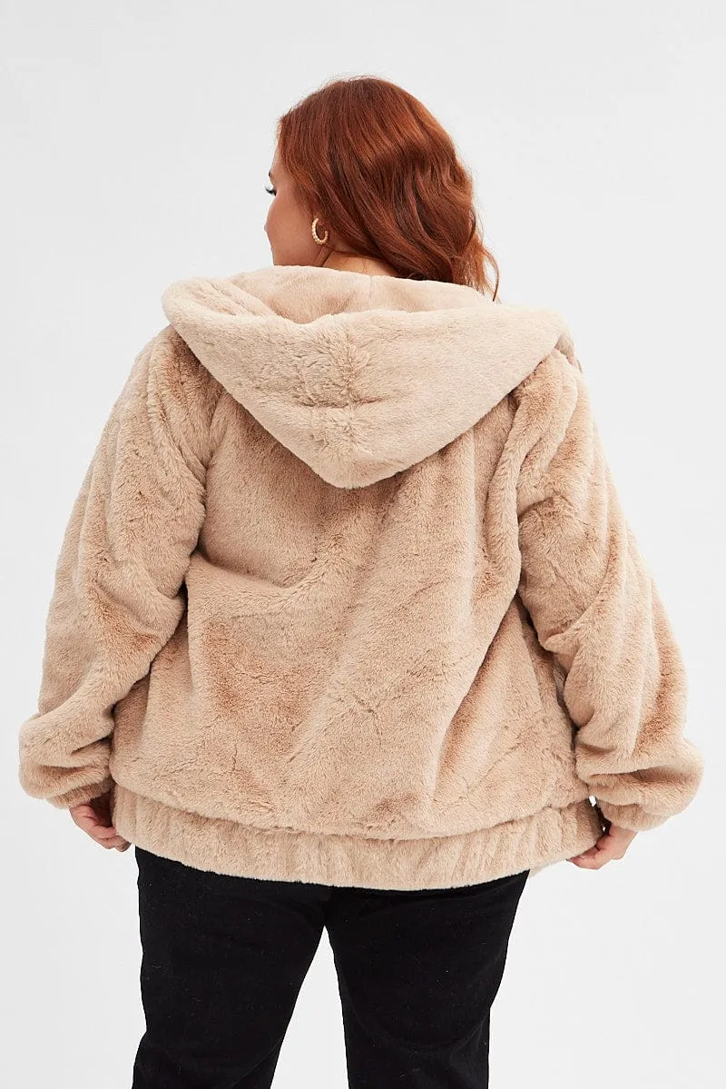 Camel Faux Fur Hoodie Jacket Zip Front Sporty Layer product patchwork creativity