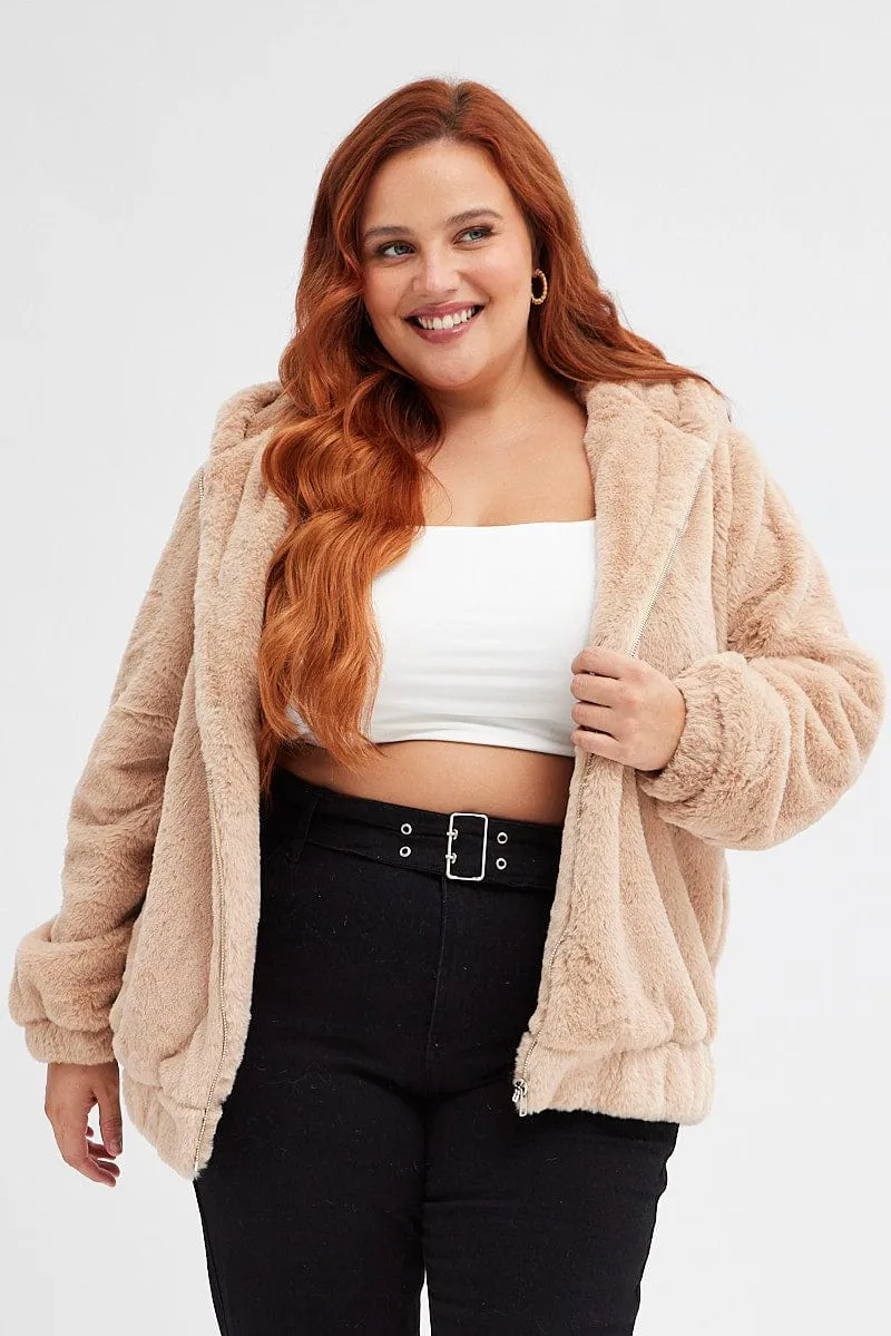 Camel Faux Fur Hoodie Jacket Zip Front Brunch Style Linen