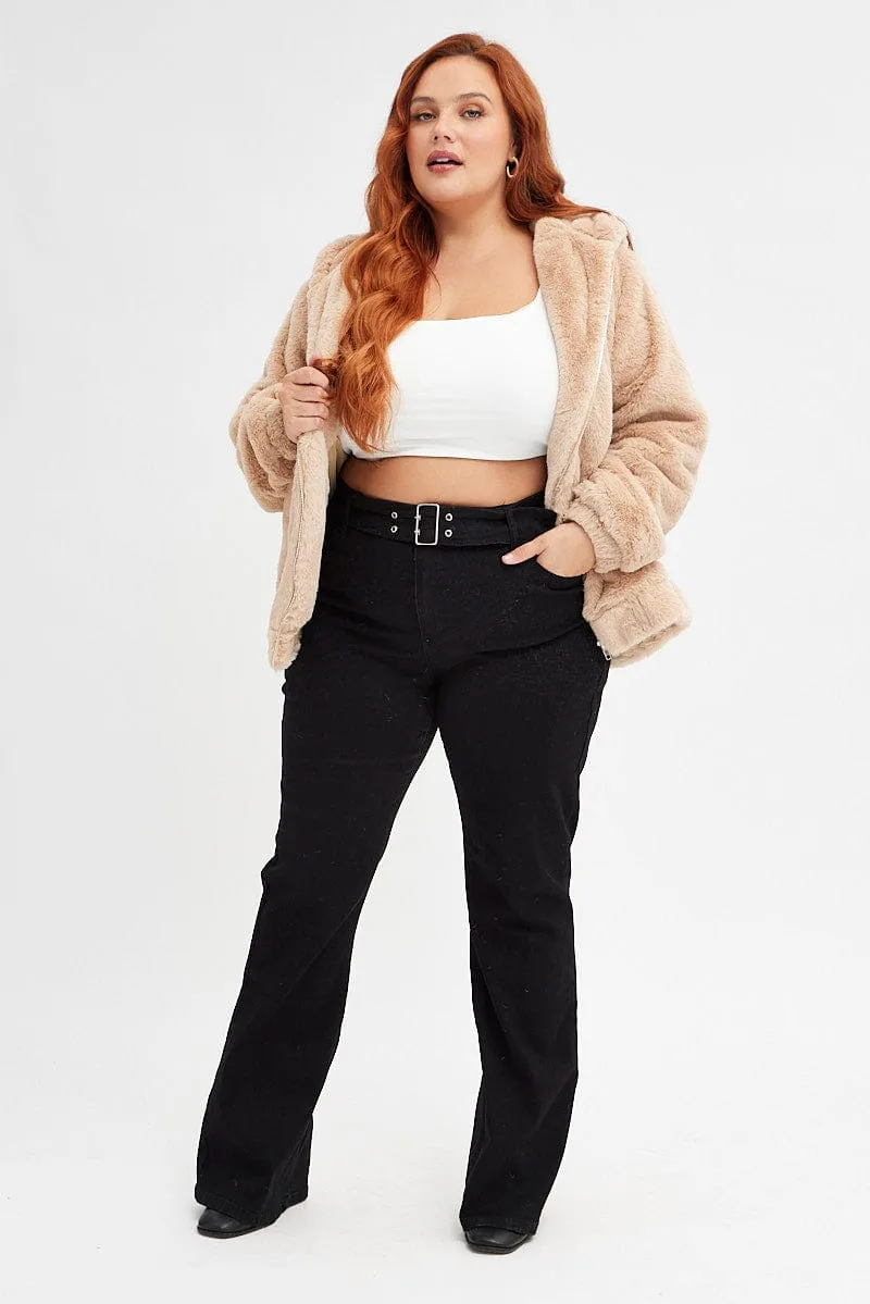 birthday wear Camel Faux Fur Hoodie Jacket Zip Front