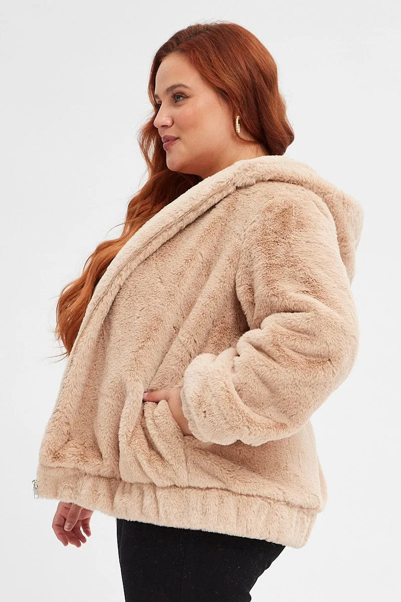 Stylish Fit Camel Faux Fur Hoodie Jacket Zip Front