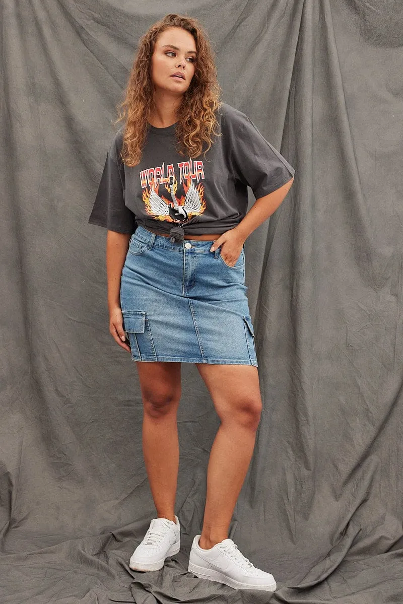Best Seller Layerable Look Grey Graphic T-shirt Short Sleeve Oversized World Tour