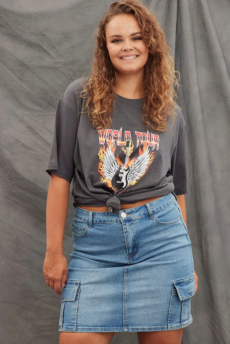 Cozy Fit Grey Graphic T-shirt Short Sleeve Oversized World Tour