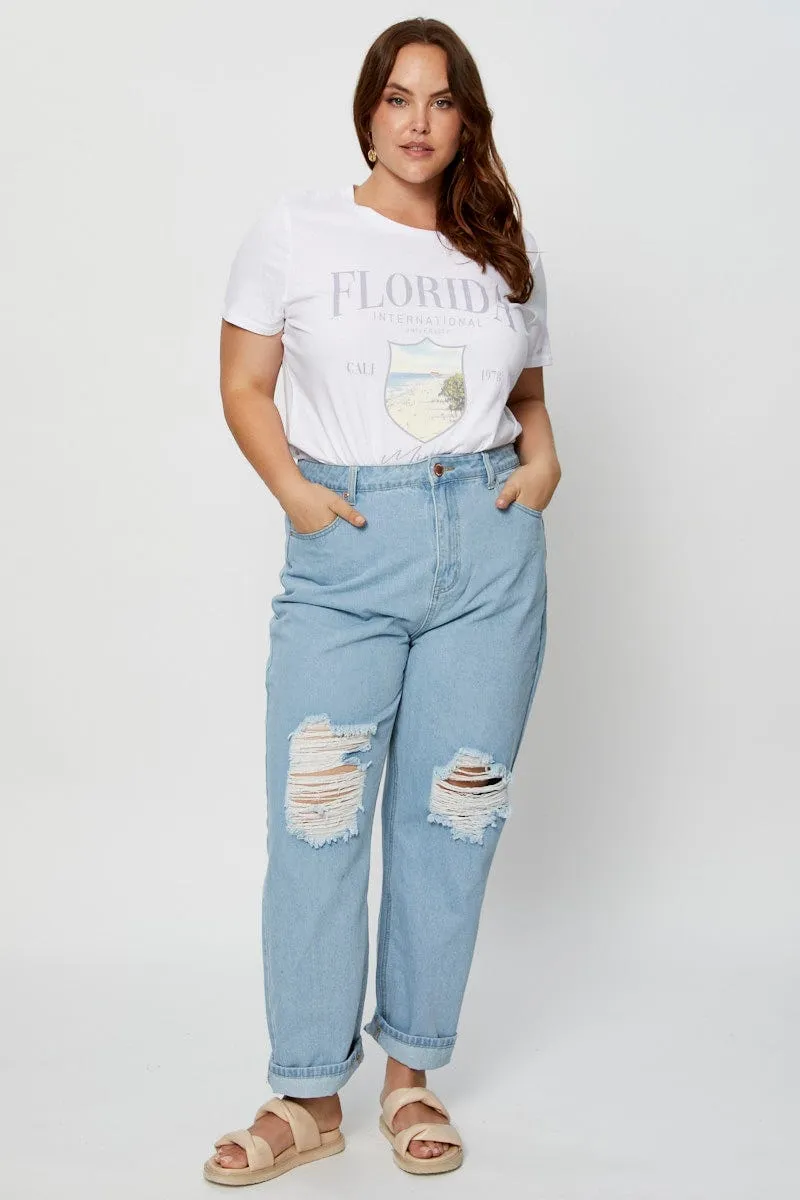 White Graphic T-shirt Crew Neck Short Sleeve Durable Ribbed Hem VintageWash