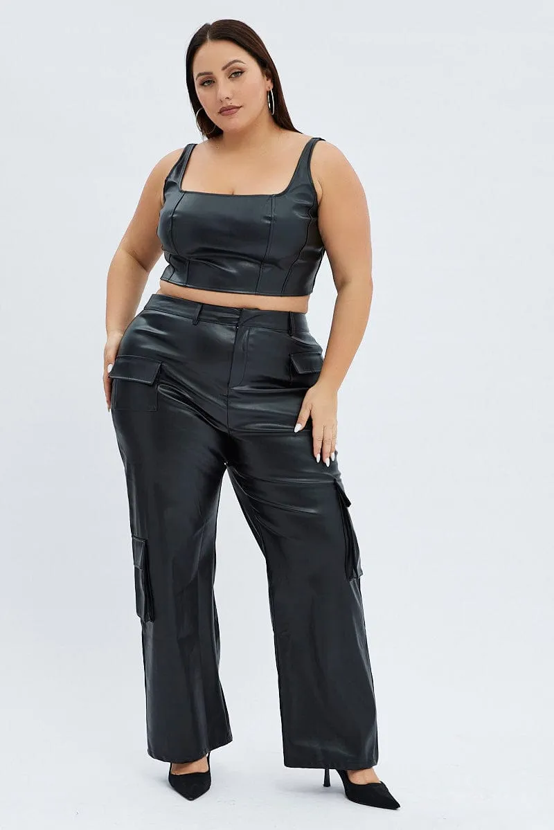 Heat Friendly Essential Fit Black Cargo Pants Straight Fit High Rise Faux Leather