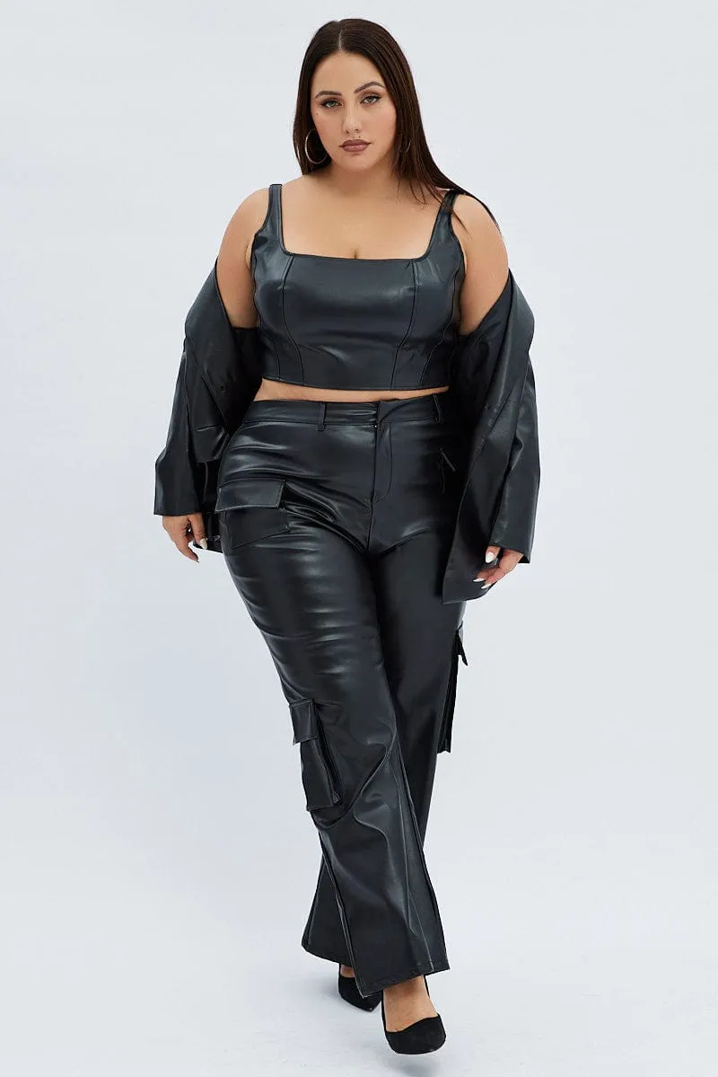 Black Cargo Pants Straight Fit High Rise Faux Leather StretchWaistband Eco Friendly Dye Process