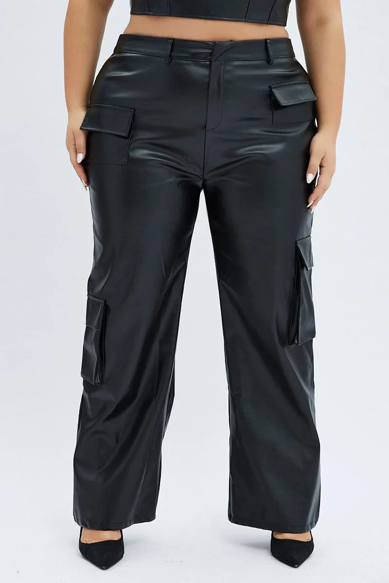 Black Cargo Pants Straight Fit High Rise Faux Leather Classic Comfort