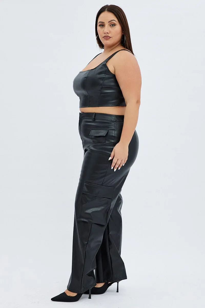 Fitted waist Classic Design Black Cargo Pants Straight Fit High Rise Faux Leather