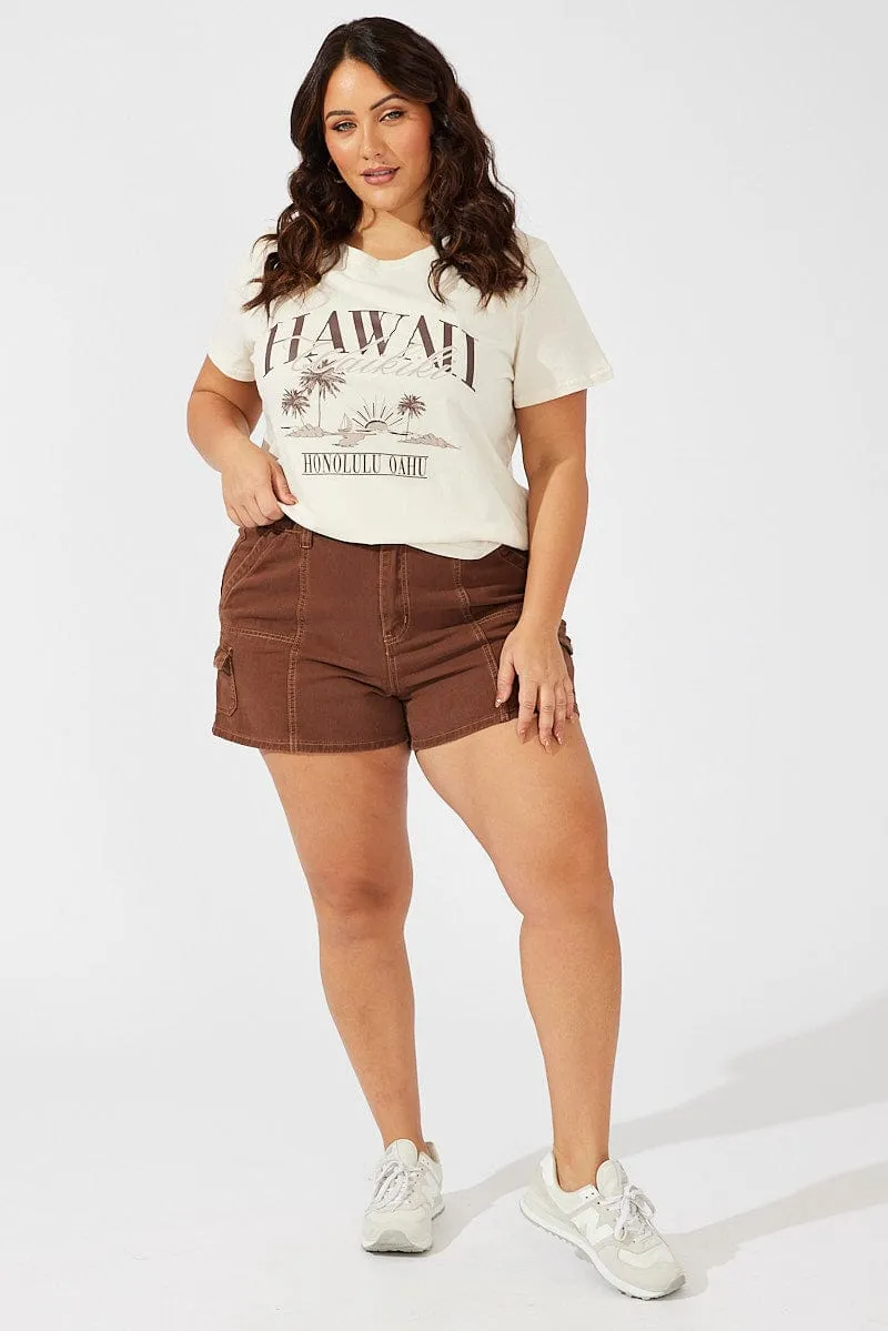 Beige Graphic T-shirt Short Sleeve Crew Neck Comfy All-Day