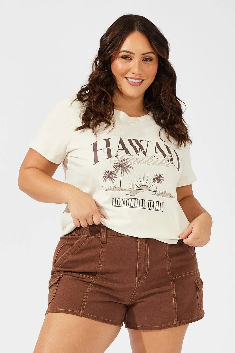 Premium Material Durable Material Beige Graphic T-shirt Short Sleeve Crew Neck